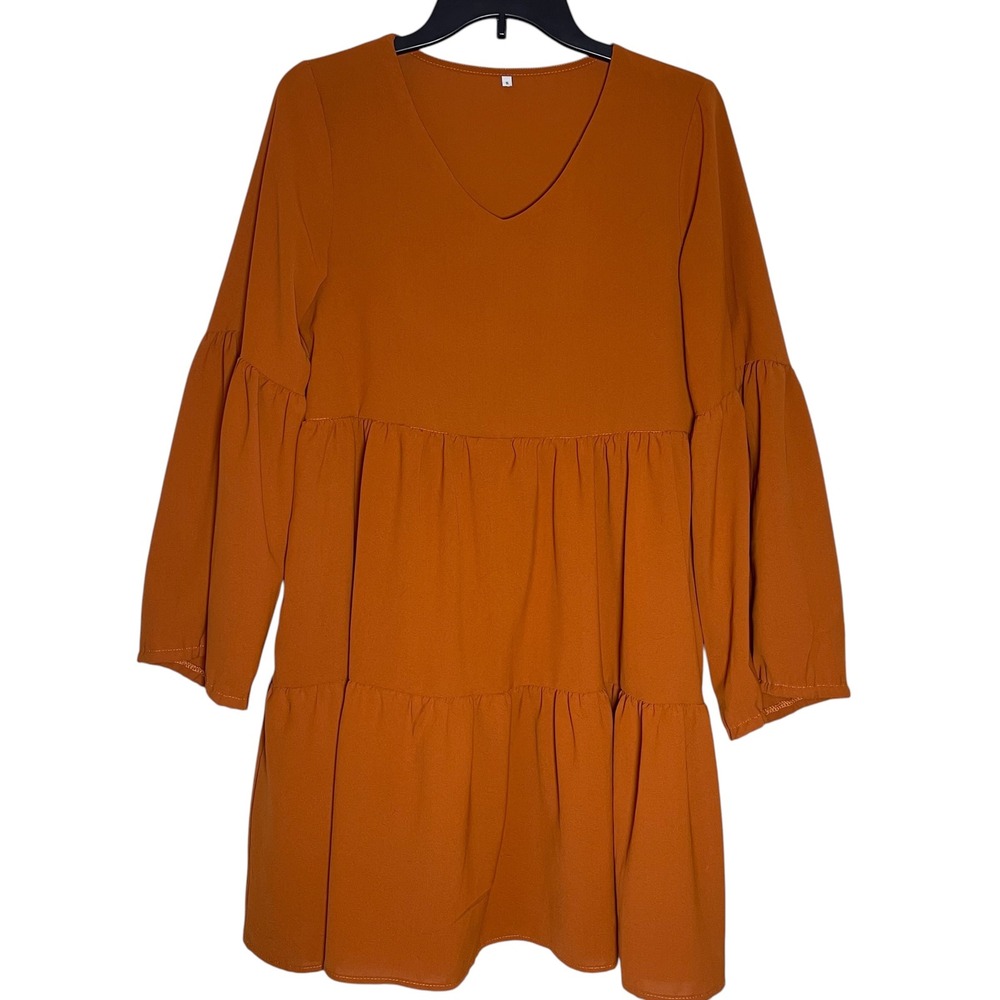 Unbranded Women Orange Tiered Bell Sleeve Babydoll Mini‎ Dress Size S